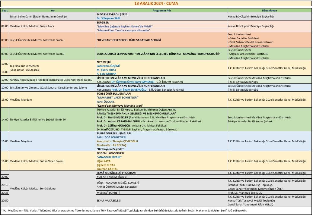 Gün gün 2024 Şeb-i Arus programı 12